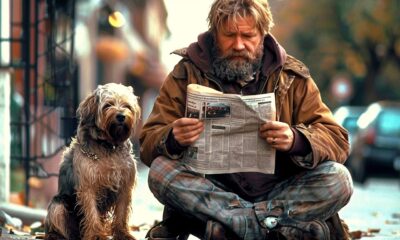 a homeless man with his dog reading a newspaper on the side of a street feeling down and out