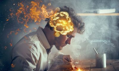 a man who is burned out and tired from over working and his brain is steaming and burning out