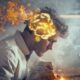 a man who is burned out and tired from over working and his brain is steaming and burning out