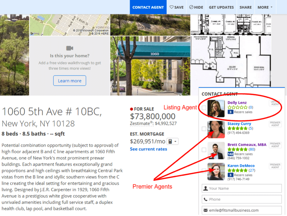 screen shot depicts zillow premier agents on the Zillow website.