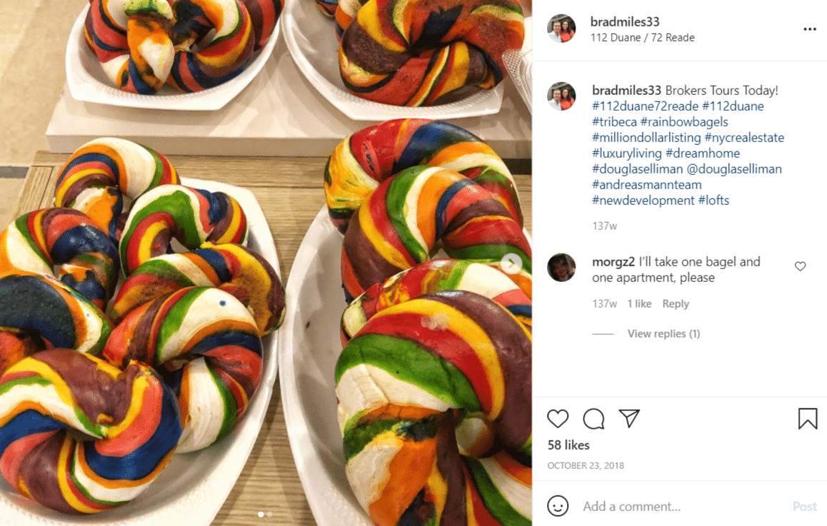 Brad Miles' uses brightly colored, whimsical rainbow bagels at his open houses.