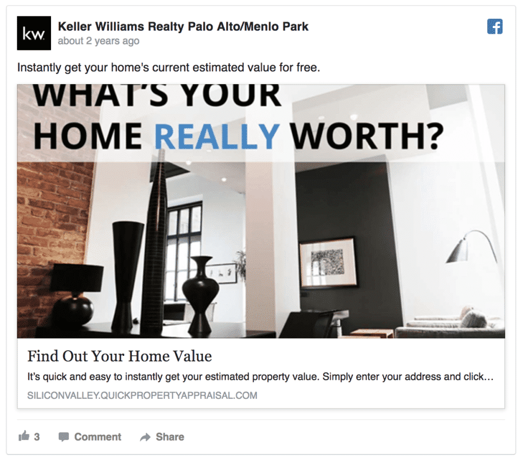 Real estate Facebook ad that offers a home valuation