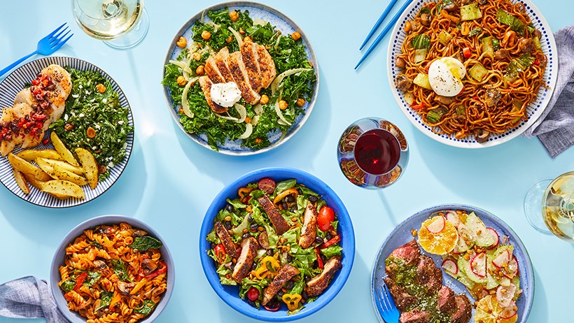 Several different dishes set on a table