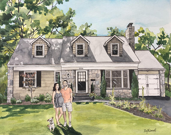 A painting of a house with a couple and their dog standing in front of it.