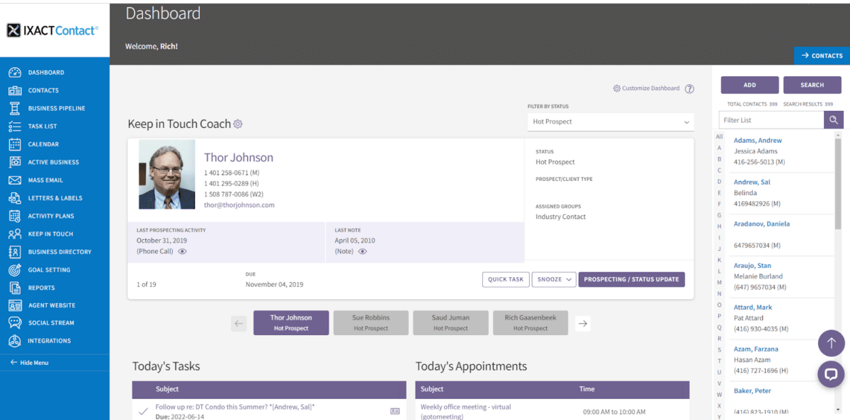 IXACT Contact CRM Profile Dashboard