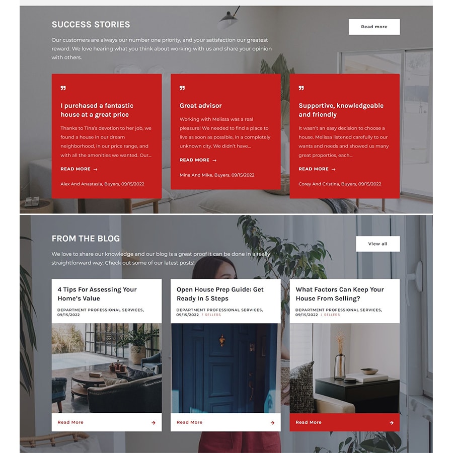 real estate website example with sample success story testimonials about the agent