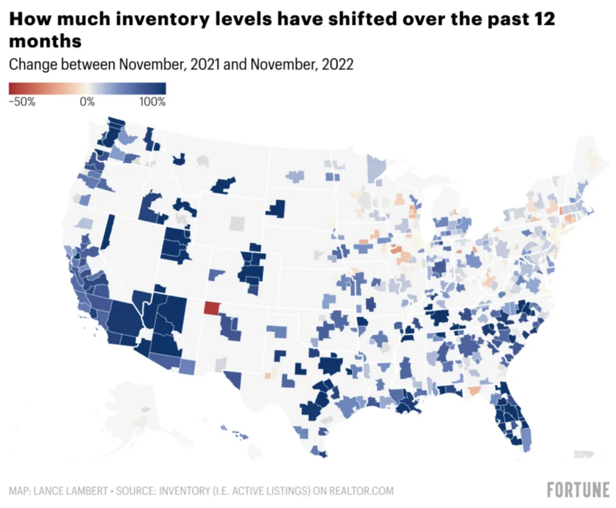 Infographic  real estate chart showing inventory Change between November 2021 and November 2022