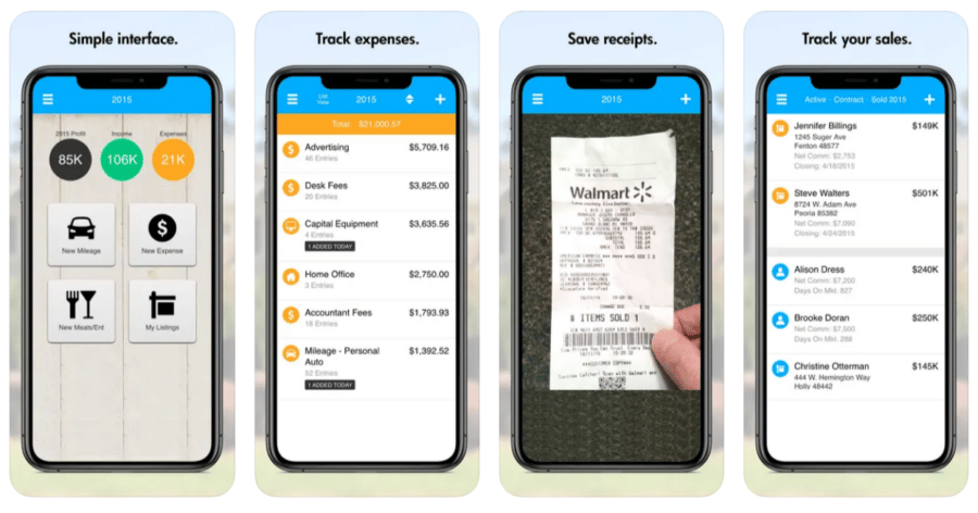 Phones displaying the process of expense tracking with real estate software provider Realtyzam