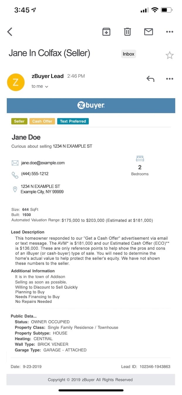 example of a seller lead with contact information and property information.