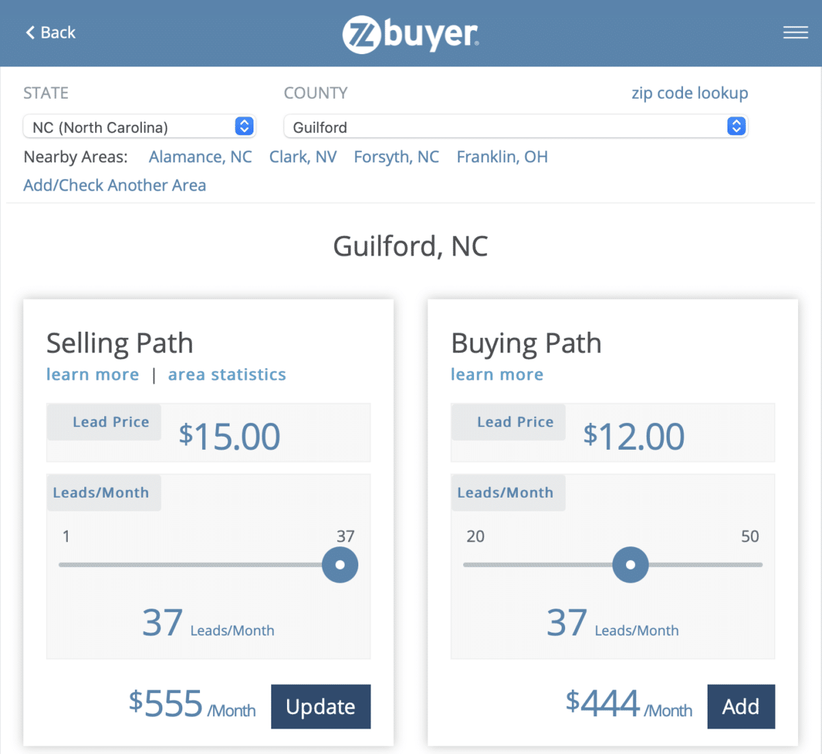 example of the zBuyer interface showing buyer and seller leads available for purchase