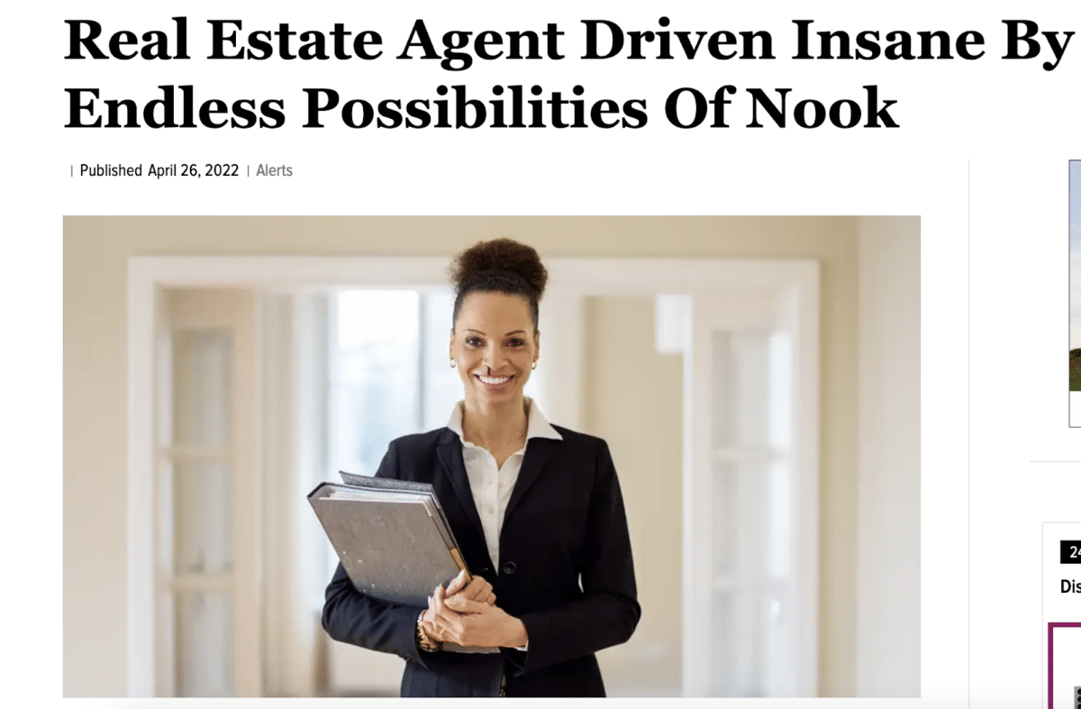 headline of parody news outlet the Onion reads real estate agent driven insane by endless possibilities of nook