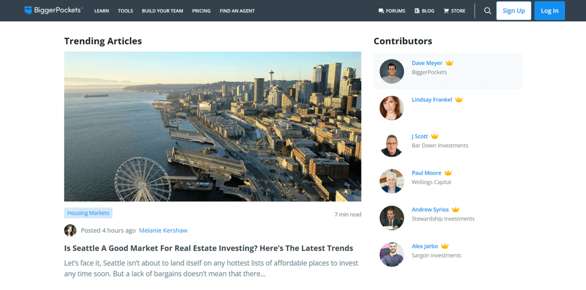 screenshot of the Bigger Pockets blog homepage