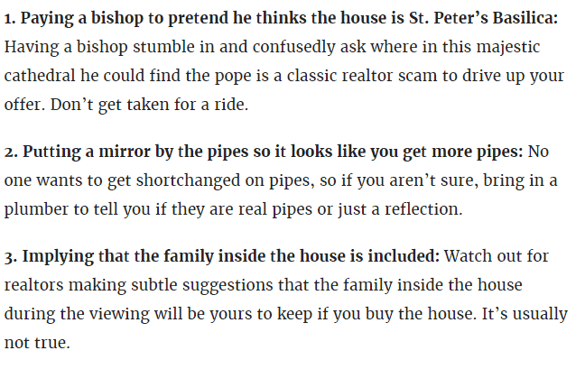 selected tips from an article 7 tricks realtors use to sell houses, including implying that teh family inside the house is included.