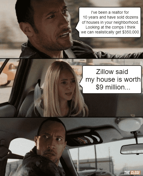 a meme jokes that the Rock thinks he can price a home at $350,000 but the home owner says the Zestimate was $9 million.