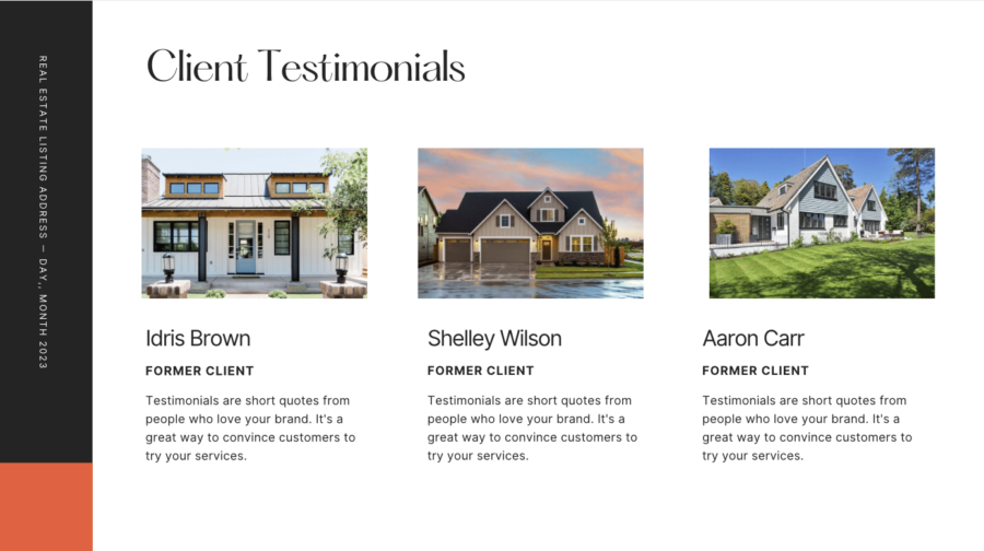 a slide in a listing presentation with three client testamonials