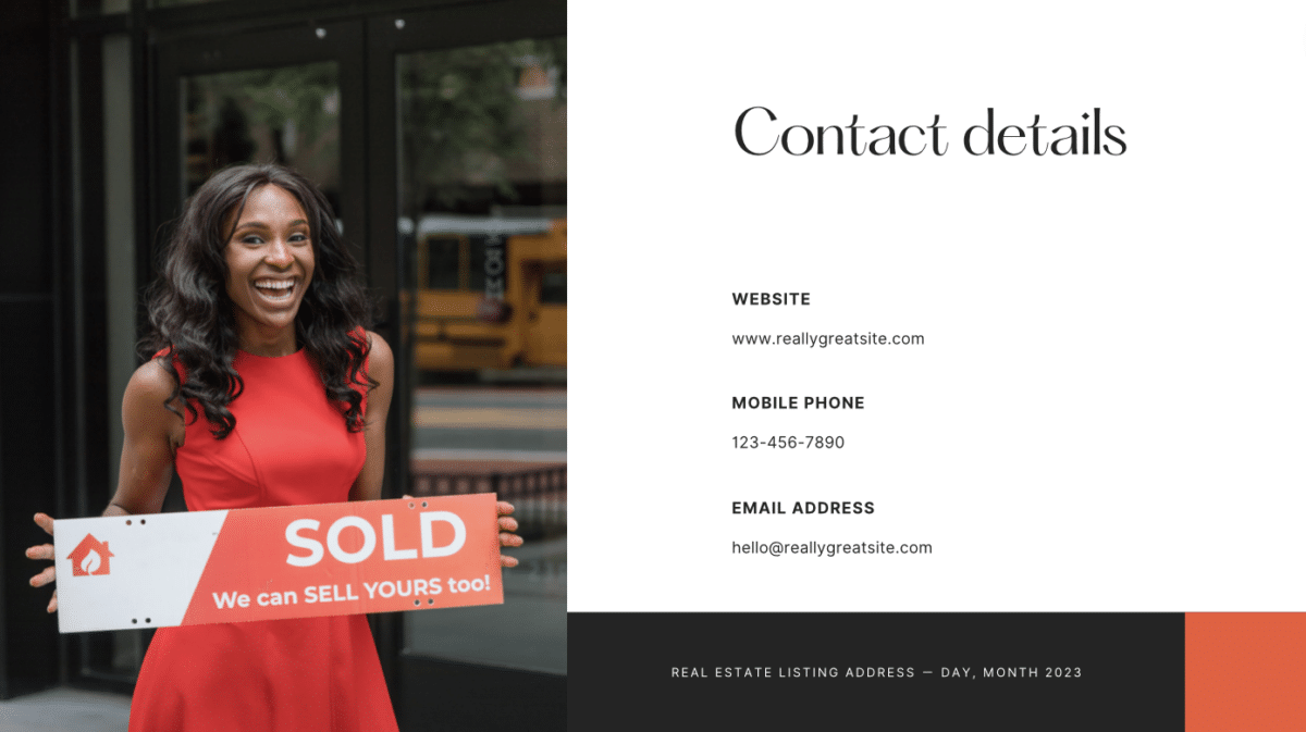 a slide in a listing presentation with the agent's contact details; agent is smiling and holding a sold sign.