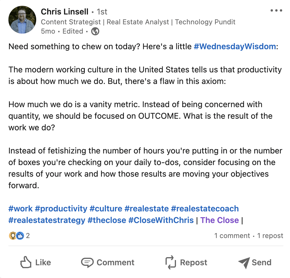 Screenshot of LinkedIn post with a few pertinent hashtags