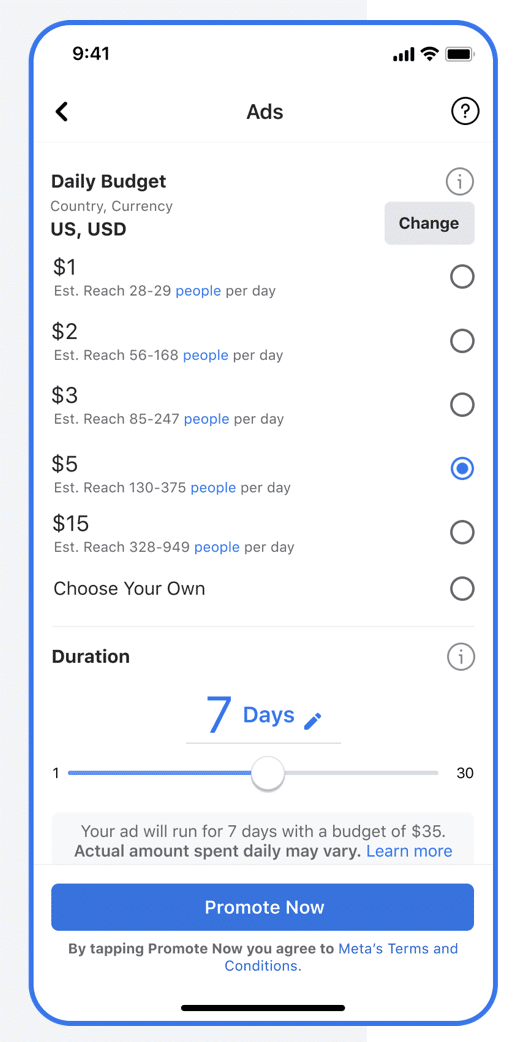 Facebook ads let you set your own budget