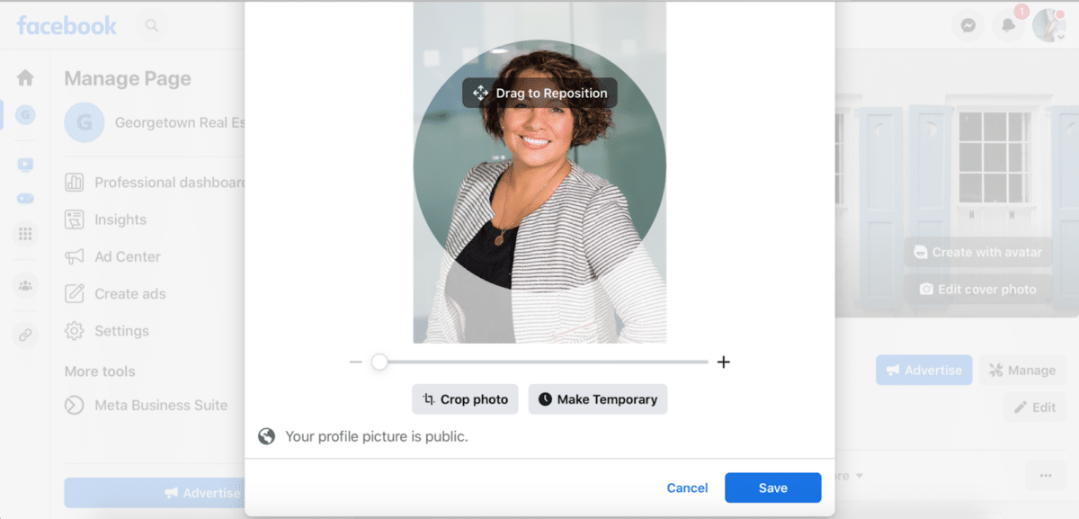 screenshot showing how to set your profile photo on a real estate Facebook page.