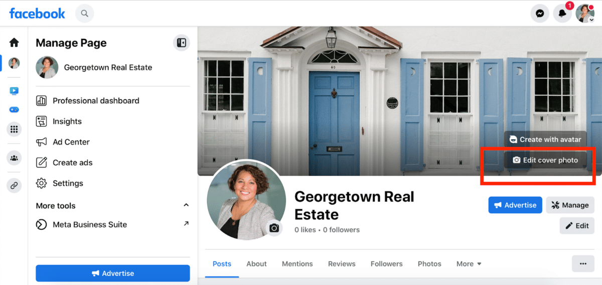 screenshot showing how to set your cover photo on a real estate Facebook page.