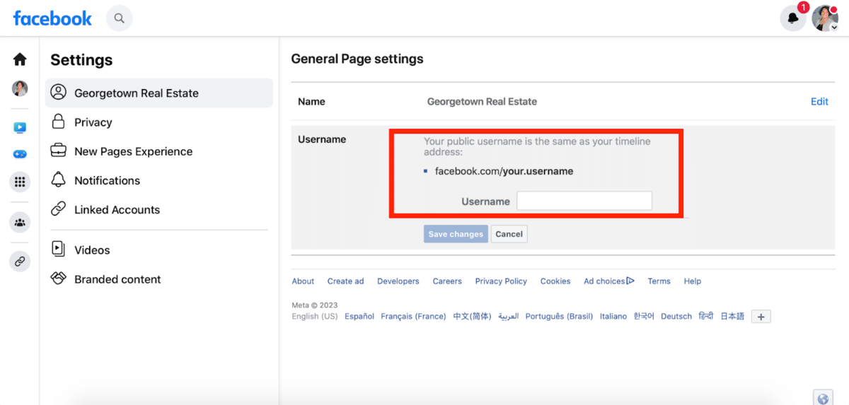 screenshot showing how to set your username on a real estate Facebook page.