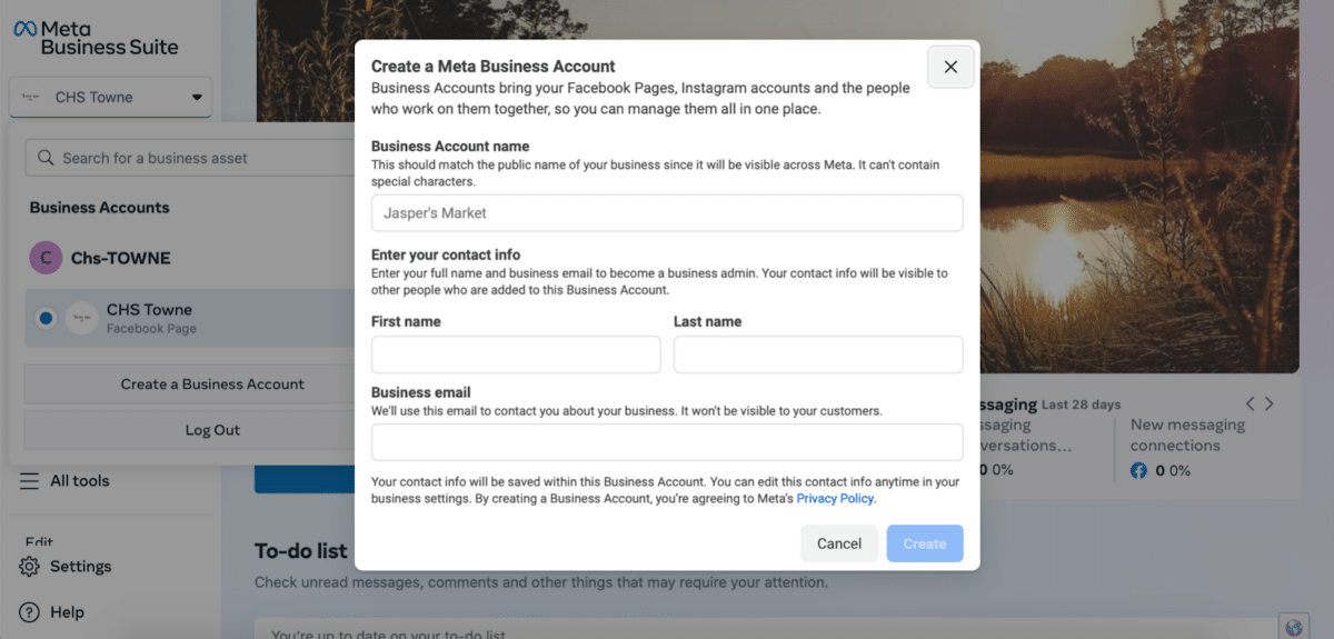 screenshot showing how the first step in creating a real estate Facebook page within Meta Business Suite