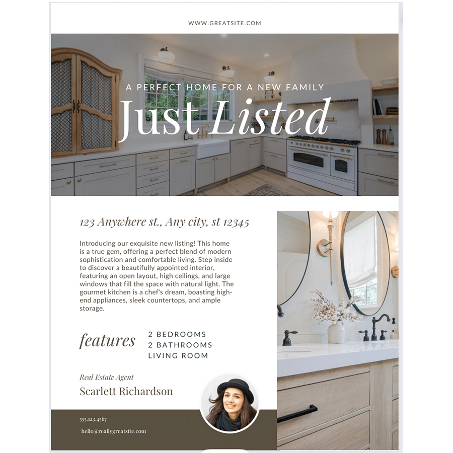 real estate brochure showcasing a new listing and showcases the agent.