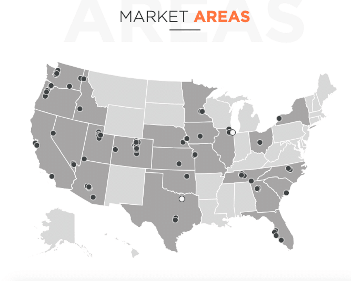 map of the United States, showing the metro areas in which marketing company Boomerang DM operates.