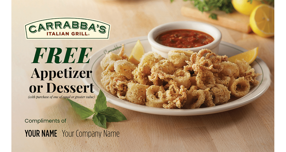 front of a postcard. High quality photo of a plate of calamari with a free appetizer or dessert compliments of 'Your Name'