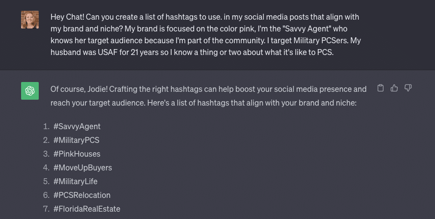 Screenshot of my ChatGPT prompt asking Chat to compile a list of hashtags that align with my brand and my niche.