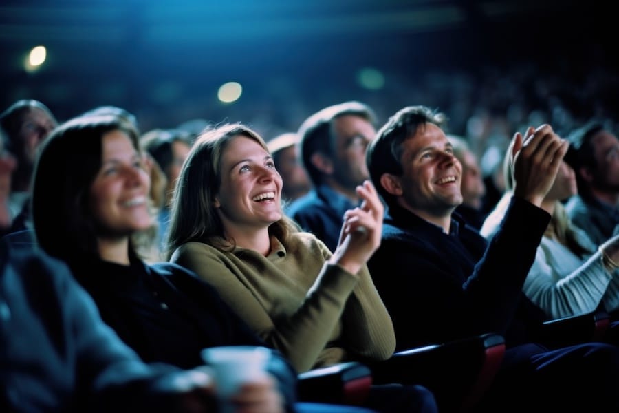 Folks looking at a performance offscreen, clapping and smiling.