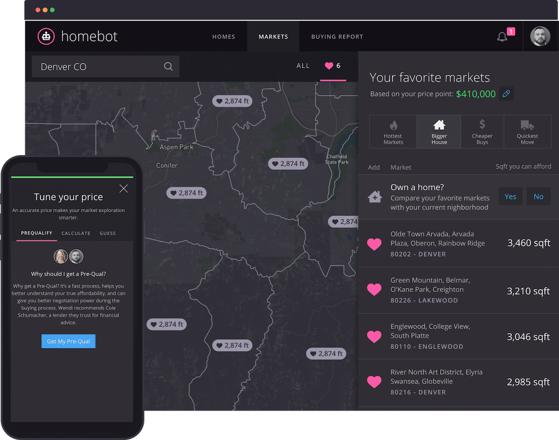 Homebot home buyer software, with a geo map and overlay of home square footage and home value insights.