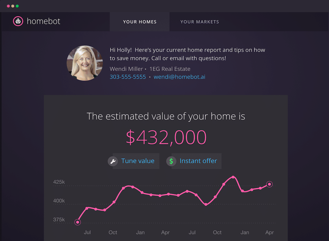 what a client sees on the Homebot email, with "the estimated value of your home is $432,000," along with the options to tune value and see an instant offer.