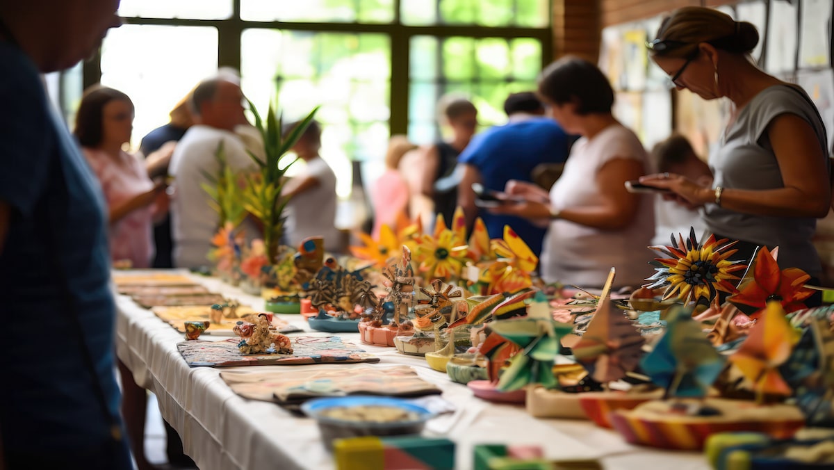 woman browsing some homemade pieces of flowerpot art.