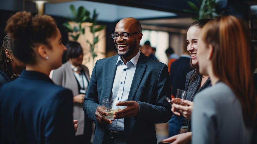 People standing in a group, dressed professionally, holding drinks and chatting.