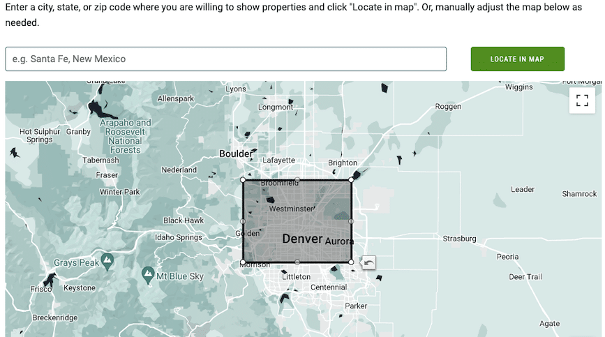 A geographical map of the Denver metro area, with a shaded box over a 20 square mile portion to illustrate where an agent is willing to drive to show properties.