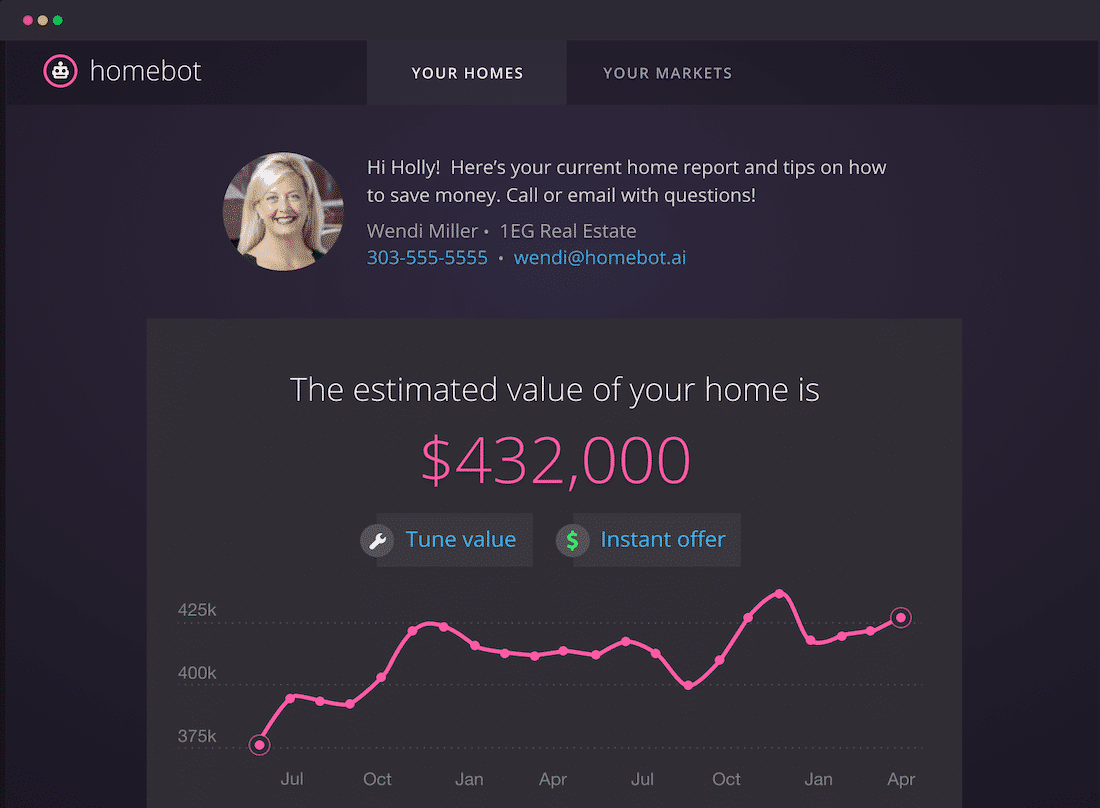 preview of what the dashboard offers to homeowners in the Homebot email including the estimated value of your home at $432,000 with a call-to-action to reach out to the agent with any questions.