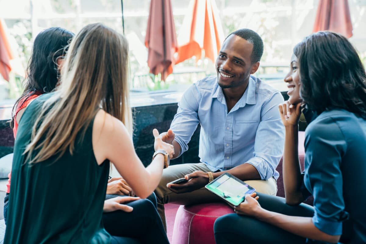 Professional meeting in a colorful modern office space