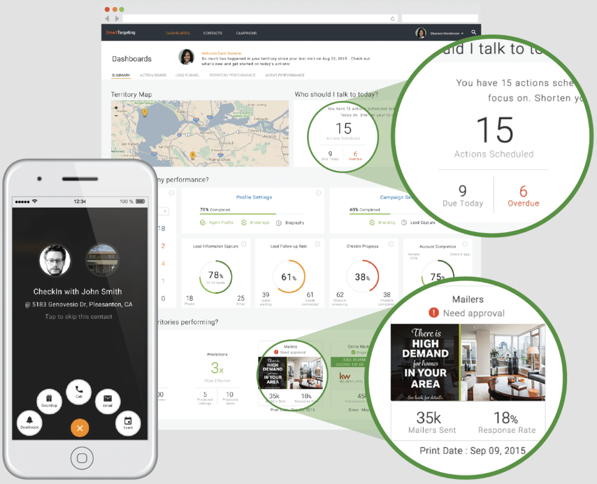 SmartZip agent dashboard with closeups of tasks for the agent to focus on