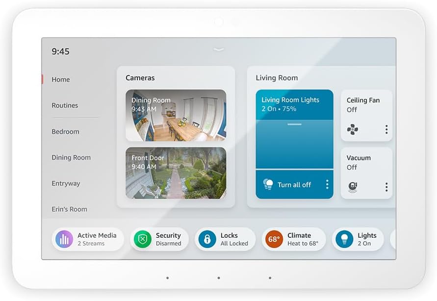 Amazon Echo Hub, with controls for cameras, media, climate and lights; along with different bedrooms and routines.