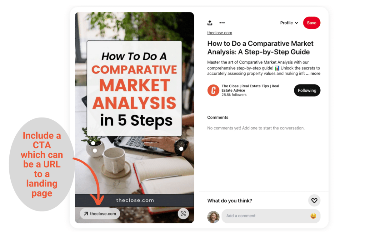 Example of a call to action built into a Pin on Pinterest from Real Tactics Pro