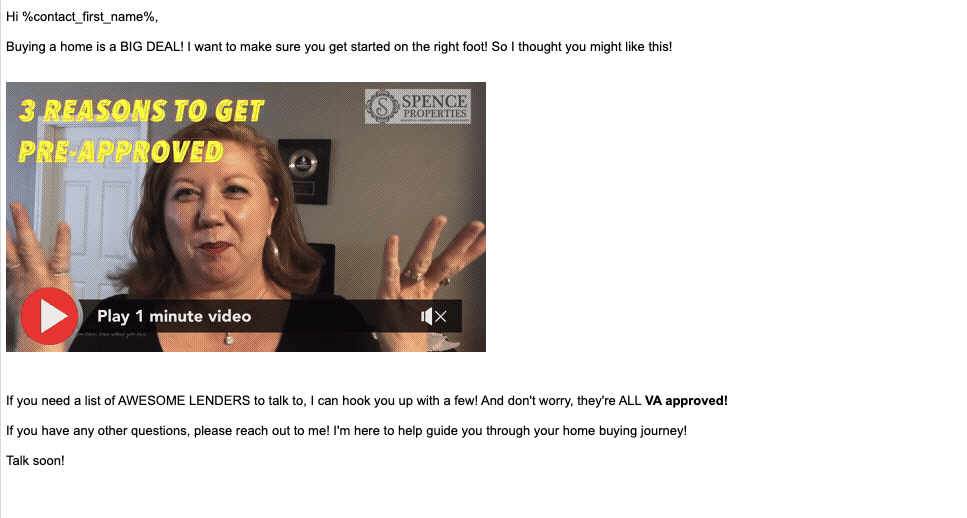 A screenshot of an email created as part of a buyer sequence that includes a video about pre-approval.